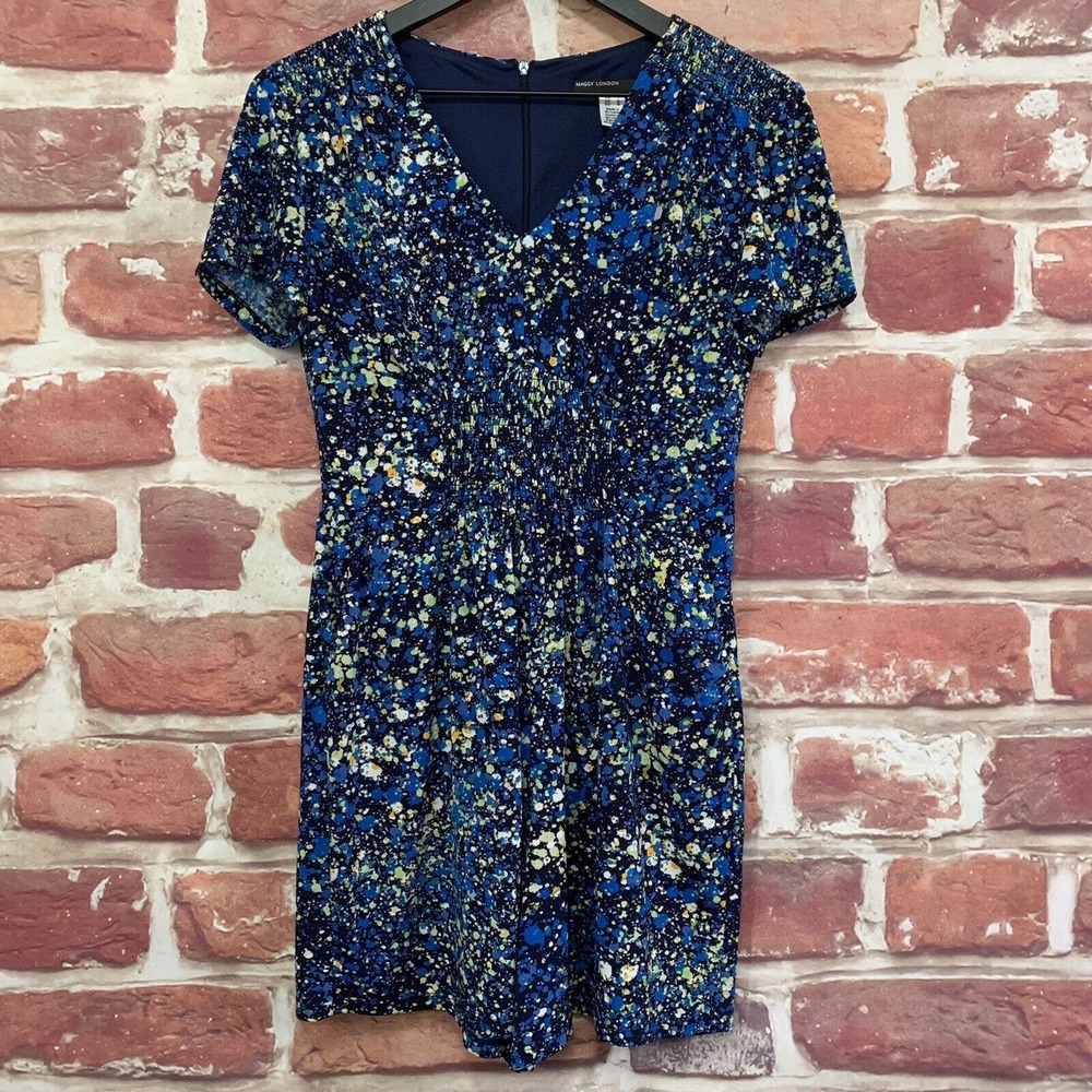 Maggy London Shorts Romper Women's Blue Multicolor Abstract Dressy Pocketed